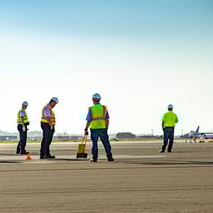 workers on empty airfield